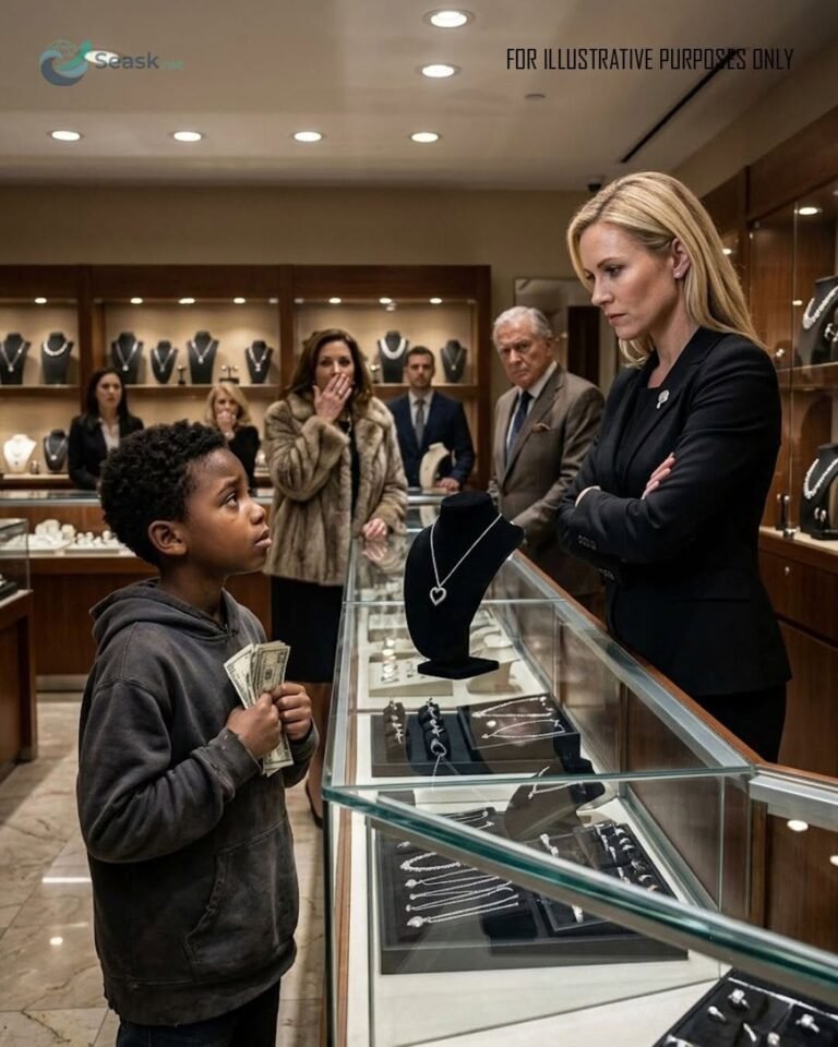 A little boy walks into a luxury jewelry store with crumpled bills to buy his sick mother a necklace—until one cruel insult is answered by a voice that changes everything and reveals his true identity.