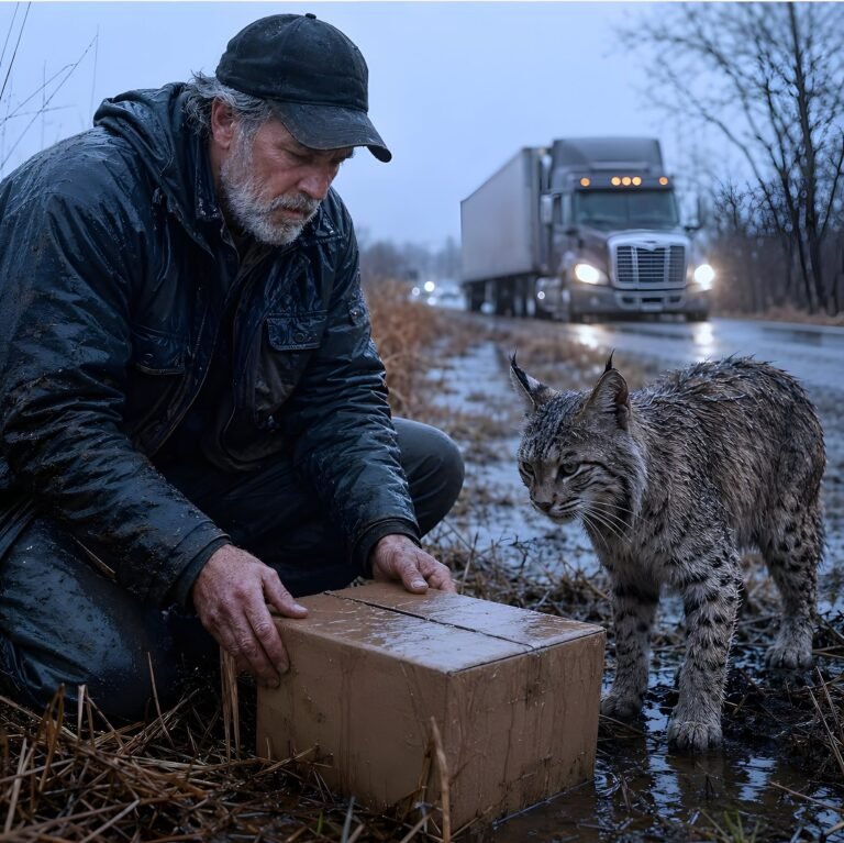 The trucker thought his old bobcat had gone off to die. Then she came back—and led him to a box by the side of the road…