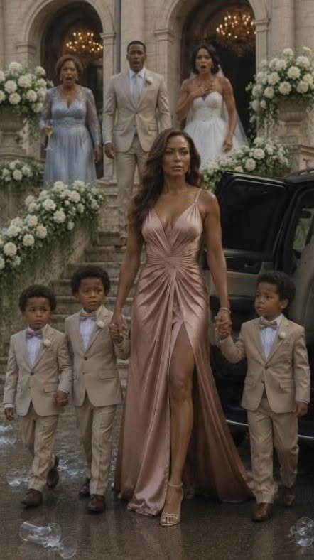 The Groom’s Wealthy Family Invited His Ex-Wife to Humiliate Her — Until Three Little Boys Silenced the Entire Estate The invitation arrived in a thick cream envelope edged with gold. Elegant. Expensive. Cruel. Evelyn Brooks stared at it on her office desk for nearly a full minute before touching it. She already knew what kind of people sent envelopes like that. People who believed even pain should arrive on expensive paper. The Ashford family of Boston had always mastered the art of humiliation disguised as class. Their smiles were polished. Their insults sounded like advice. Their cruelty wore pearls. So when Evelyn opened the envelope and saw the names printed in raised gold lettering, she understood the message before she finished reading. Nathaniel Ashford and Claire Whitcomb request the honor of your presence… Her ex-husband was getting married. To the kind of woman his family had always wanted. Old money. Perfect posture. A last name that belonged on museum donor walls. Evelyn was supposed to attend quietly. Sit in the back. Watch Nathaniel promise forever to someone else. Let every guest see that she had been replaced by someone richer, prettier, and acceptable. She was supposed to feel small. Alone. Forgotten. But the Ashfords didn’t know one thing. Evelyn had not left their world empty-handed. Four years earlier, she had walked away from the Ashford mansion with one suitcase, a shattered heart, and three unborn sons. Caleb. Jonah. Miles. Three little boys with Nathaniel’s gray eyes. Three little boys the Ashfords never knew existed. Not because Evelyn was ashamed of them. Because she was protecting them. She knew what the Ashfords did with heirs. They shaped them. Claimed them. Controlled them. And after what they had done to her, Evelyn trusted none of them. Especially Nathaniel. Because the worst wound had never been Victoria Ashford’s cruelty. It had been Nathaniel’s silence. She still remembered that final dinner. Victoria standing in the marble dining room, calm and cold, looking at Evelyn like she was a stain on imported silk. “You were never meant for this family,” Victoria had said. Evelyn had been pregnant then. Sick, tired, terrified. Victoria’s eyes dropped to her stomach. “Any child born into this family deserves proper upbringing. Not the influence of someone who grew up above a laundromat.” Evelyn waited for Nathaniel to speak. He stood by the fireplace in his navy suit. Jaw tight. Hands in his pockets. Silent. That silence ended the marriage before any divorce paper could. Two weeks later, Evelyn disappeared. She changed apartments. Changed doctors. Returned to her maiden name. Built walls so high the Ashfords never reached her again. The first years nearly destroyed her. Three newborns crying through the night. Rent overdue. Daycare bills that swallowed everything. Client calls taken with one baby asleep on her chest and two more in bassinets beside her desk. Some nights, Evelyn cried in the bathroom with the fan running so her sons wouldn’t hear. But she kept going. Then she survived. Then she grew stronger. By the time the wedding invitation arrived, Evelyn Brooks owned one of the fastest-growing branding agencies on the East Coast. She had money now. Respect now. Peace now. And most importantly, she had her boys. That evening, Caleb climbed into her lap with the invitation in his tiny hands. “Mommy, is this a party?” Evelyn looked at the gold lettering. Then at her three sons building towers on the rug. “Yes,” she said softly. “I think it is.” Jonah looked up. “Can we go?” Evelyn smiled. “Yes,” she whispered. “I think it’s time.” The wedding took place at a private seaside estate in Newport, Rhode Island. Everything was flawless. White roses climbed ivory arches. Silk canopies moved gently in the ocean breeze. Champagne glittered in crystal towers. Guests in designer suits and couture dresses laughed beneath chandeliers hung from temporary glass pavilions. At the center of it all stood Victoria Ashford. Pearls at her throat. Diamonds on her wrist. Power in every inch of her posture. Claire Whitcomb stood nearby in French lace, smiling like a woman who had been chosen by both a man and his dynasty. Then the whispers started. Not loudly at first. Just a soft shift near the entrance. One guest turned. Then another. Then an entire row. Victoria noticed the silence before she saw the reason for it. She turned slowly. And froze. Evelyn Brooks had arrived. She wore a simple ivory dress. No dramatic jewelry. No bitterness in her face. No desperation. Just calm. Confident. Beautiful in the way a woman becomes beautiful after rebuilding herself from ruins. And behind her walked three little boys in navy suits. Dark curls. Gray eyes. Ashford faces. The whole estate went quiet. Nathaniel looked up. For a moment, the color drained from his face so completely that Claire reached for his arm. Little Miles pointed toward him. “Mommy,” he asked loudly, “why does that man look like us?” Nobody moved. Victoria’s champagne glass trembled in her hand. Jonah smiled and waved. “Hi!” The sound broke the silence. Whispers exploded across the lawn. “Oh my God.” “They’re his.” “Did Nathaniel know?” Claire turned slowly toward her fiancé. “Nathaniel?” But Nathaniel couldn’t answer. He was staring at the three boys like the past had walked out of a grave and stood in front of him wearing tiny dress shoes. “Evelyn…” he whispered. Victoria recovered first. “You brought children to my son’s wedding?” she snapped. Evelyn looked directly at her. “No,” she said. “I brought your grandsons.” The words struck harder than thunder. Claire stepped back. “Grandsons?” she repeated. Nathaniel closed his eyes. For one second, Evelyn saw the man she had once loved. Not the heir. Not the coward. Just Nathaniel. Broken open by the truth. But it was too late for softness. Caleb gripped Evelyn’s hand. “Is he our daddy?” Nathaniel flinched as if the little boy had slapped him. Victoria’s face twisted. “This is inappropriate,” she hissed. “You cannot arrive here making accusations.” Evelyn tilted her head. “Accusations?” She opened her small clutch and removed three birth certificates. Then she held them out. “I came prepared.” Nathaniel walked forward slowly. His hands shook when he took the papers. Caleb Nathaniel Brooks. Jonah Nathaniel Brooks. Miles Nathaniel Brooks. His name was there. Clear. Legal. Undeniable. Claire covered her mouth. “You told me she left because she couldn’t handle being part of your family.” Evelyn almost laughed. But she didn’t. Some wounds deserved silence. Nathaniel looked at her. “You never told me.” Evelyn’s calm finally cracked. “I tried.” His face changed. She stepped closer, lowering her voice, though everyone nearby still heard. “I called you three times after I left. Your assistant said you were unavailable. I sent one letter. It came back unopened. Then your mother’s lawyer contacted me and warned me not to damage your family’s reputation.” Victoria stiffened. Nathaniel turned to his mother. “What?” Victoria lifted her chin. “You were grieving. I protected you.” “No,” Evelyn said. “You protected control.” Claire looked between them, horrified. “You knew?” she asked Victoria. Victoria said nothing. That silence answered everything. The wedding lawn became a courtroom without walls. Guests stared. Photographers lowered their cameras, unsure whether they were witnessing scandal or history. Nathaniel looked at his sons again. Jonah was tugging at his collar. Miles was hiding behind Evelyn’s dress. Caleb stood bravely, staring back at the man who had given him his eyes. Nathaniel crouched slowly. “Hi,” he said, voice breaking. Caleb studied him carefully. “Mommy says we should be polite.” Nathaniel laughed once, but it came out like a sob. “You have a very good mommy.” Caleb nodded. “The best.” That broke Evelyn more than Nathaniel’s regret ever could. Claire removed her engagement ring. The tiny sound of diamond against glass table echoed through the silence. Nathaniel stood. “Claire—” She shook her head. “No. Don’t.” Her voice trembled, but her posture stayed strong. “You didn’t just lie to me. You let me build a future on a graveyard of things you refused to face.” Nathaniel looked destroyed. Claire placed the ring on a white linen table. “I will not marry a man who abandoned children, whether by choice or by cowardice.” Then she turned to Evelyn. “I’m sorry,” she whispered. Evelyn nodded once. That apology mattered more than Claire knew. Victoria stepped forward, desperate now. “This wedding will continue. We will not let some dramatic stunt—” “Enough.” Nathaniel’s voice cut through the lawn. For the first time Evelyn could remember, he spoke to his mother like a man, not a son trained to obey. Victoria stared at him. He looked at the guests. Then at Claire. Then at Evelyn. Then at the boys. “There will be no wedding today.” Gasps spread through the crowd. Victoria’s face went pale with rage. “Nathaniel, think carefully.” “I should have thought carefully four years ago,” he said. Then he turned to Evelyn. “I failed you.” Evelyn’s throat tightened. “You did.” “I let them make me afraid of losing the family name.” “You lost something much bigger.” His eyes filled. “I know.” But Evelyn did not soften. Because apologies did not erase nights with three crying babies. They did not pay hospital bills. They did not hold her hand through fear. They did not undo four years of absence. Nathaniel looked down at the boys. “Can I know them?” Evelyn looked at Caleb, Jonah, and Miles. Then back at Nathaniel. “That depends on what kind of man you become after today.” Victoria gasped. “You cannot dictate access to Ashford heirs.” Evelyn turned toward her. “They are not Ashford heirs.” Her voice was quiet. Deadly. “They are my sons.” The words landed with finality. For the first time in her life, Victoria Ashford had no weapon ready. No insult. No threat. No polished sentence sharp enough to cut through the truth. Evelyn took her sons’ hands. Caleb on one side. Jonah and Miles on the other. Then she looked once more at Nathaniel. “You invited me here because you wanted me humiliated.” Nathaniel lowered his eyes. Evelyn looked at Victoria. “But I did not come to beg. I did not come to cry. I did not come to show you what I lost.” Her sons stood taller beside her. “I came to show you what survived.” Then Evelyn walked back across the wedding lawn. This time, nobody whispered. Nobody laughed. Nobody dared look away. Three little boys followed their mother through the stunned silence of Newport’s finest families. Behind them, the Ashford wedding collapsed beneath its own lies. In the car, Miles leaned against Evelyn’s arm. “Mommy, was that a bad party?” Evelyn laughed softly, tears finally slipping down her cheeks. “Yes, baby,” she said. “A very bad party.” Jonah frowned. “Do we have to go again?” “No,” Evelyn whispered. Caleb looked out the window. “Was he sad because he didn’t know us?” Evelyn took a breath. “He was sad because grown-ups sometimes make choices they can’t undo.” Caleb thought about that. Then he said, “I’m glad we have you.” Evelyn pulled all three boys close as the estate disappeared behind them. For years, she had feared the Ashfords would find a way to take something from her. But that day, she finally understood. They had no power over the life she had built. No power over the sons she had raised. No power over the woman she had become. And back at the ruined wedding, surrounded by roses, chandeliers, and shattered reputation, Victoria Ashford stood alone with the truth she had tried to bury. The woman she invited to be humiliated had arrived with three little boys. And those three little boys had silenced an empire.