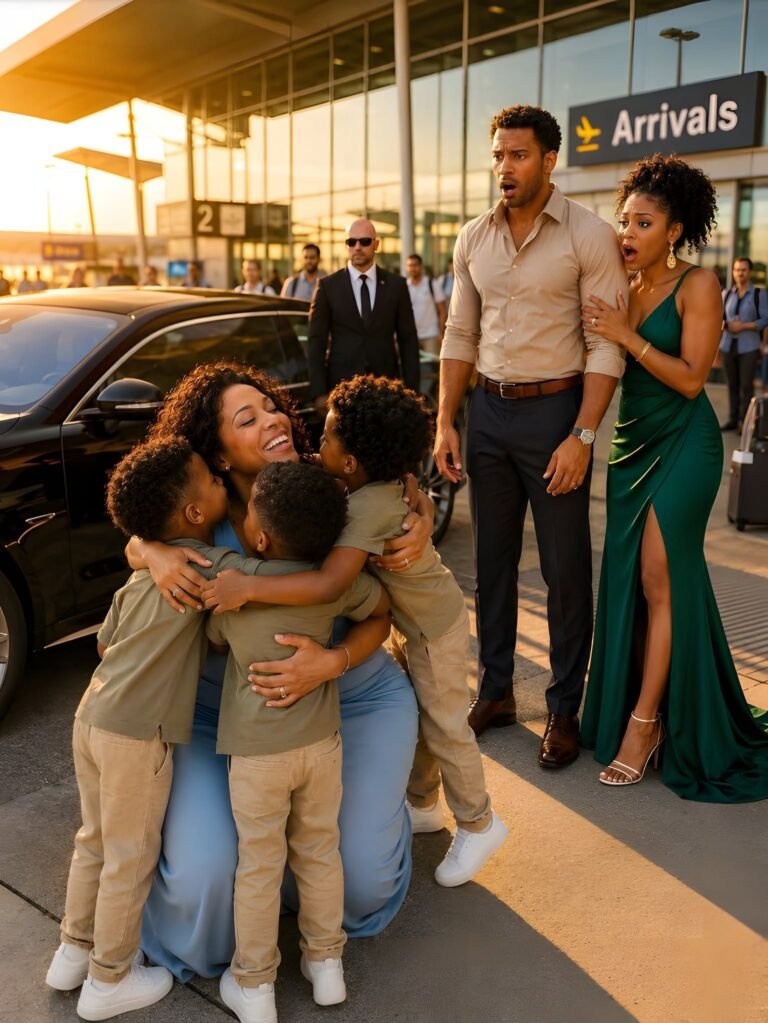 My billionaire ex-husband sat beside me on a flight just to shame me—then three little boys stepped out of a Bentley and ran toward me, calling, “Mom!”