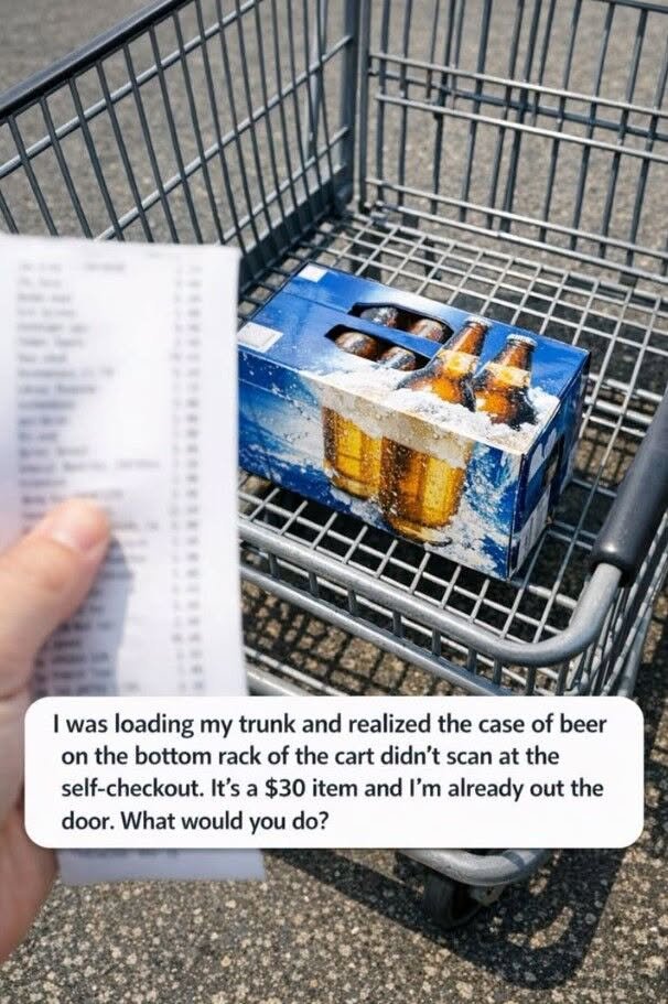 I was loading my trunk and realized the case of beer on the bottom rack of the cart didn’t scan at the self-checkout. It’s a $30 item and I’m already out the door. What would you do?