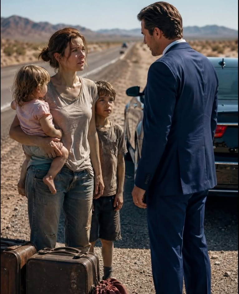 Full part: I was standing on the side of a deserted highway with two hungry children, two broken suitcases, and no way home when a billionaire’s black sedan stopped in front of me. I asked him for work—anything that could feed my kids. His answer made my whole world stop: “I can give you a home, security, and a name. But the position is my wife.”