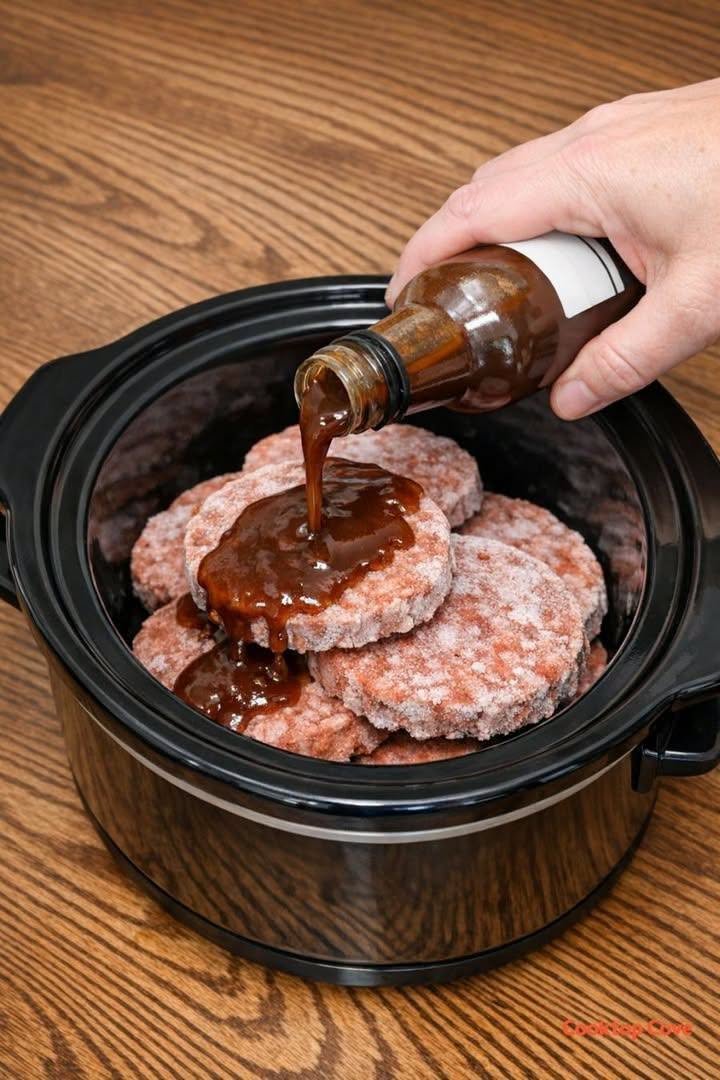 Pour bottled steak sauce over frozen beef patties, paired with 3 ingredients, into slow cooker for a savory weekend feast that’s the one everyone asks