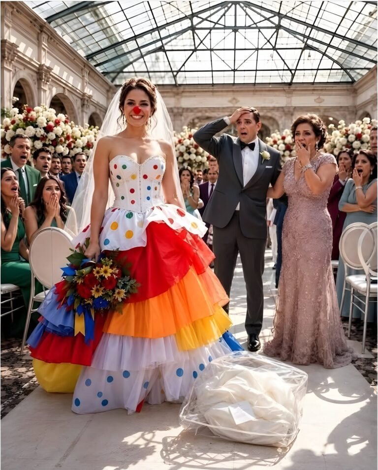 My mother-in-law hid my wedding dress and left me a clown costume with a note that said: « Know your place »; in front of 200 guests, I put it on, took my father’s hand, and walked to the altar.