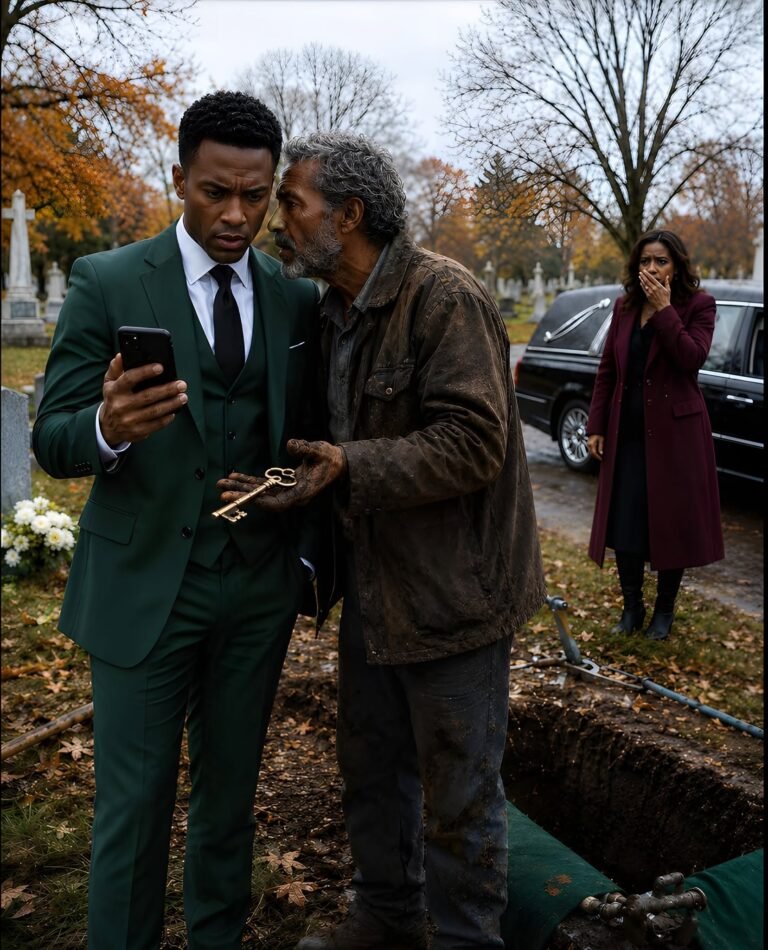 At my father’s graveside, the gravedigger gripped my arm and whispered, “Sir, your father paid me to bury an empty coffin.” Before I could even speak, he pushed a brass key into my hand. “Don’t go home,” he warned.