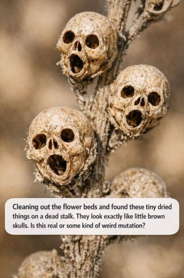 Cleaning out the flower beds and found these tiny dried things on a dead stalk. They look exactly like little brown skulls. Is this real or some kind of weird mutation?