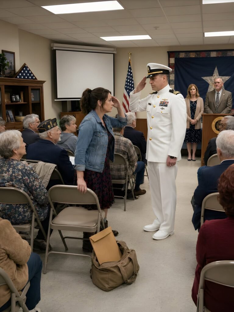 I came home intending to sit quietly in the last row of my father’s veterans’ ceremony while my stepmother smirked, “She already walked away from the Navy”—but then a man in dress whites entered that crowded hall, ignored the stage completely, and came straight down the aisle toward me.