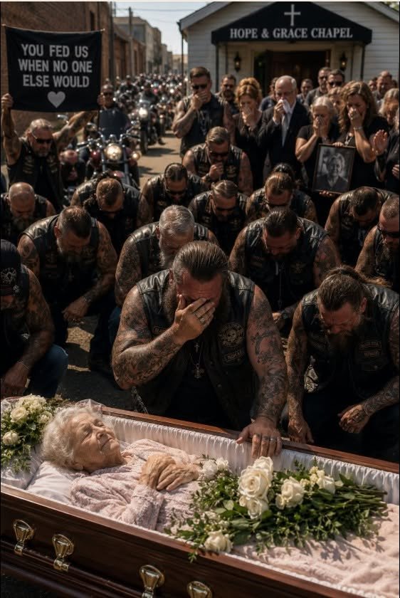 A LONELY GRANDMOTHER’S FUNERAL IN A FORGOTTEN ALLEY HAD ONLY SIX MOURNERS—THEN 50 ROARING BIKERS BLOCKED EVERY ENTRANCE, AND WHAT THEY DID IN FRONT OF HER COFFIN LEFT AN ENTIRE CITY IN TEARS