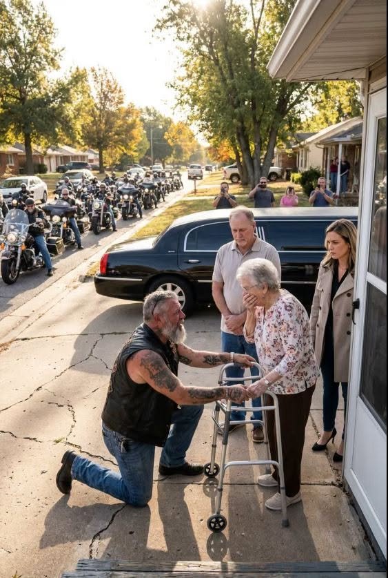 THEY FORCED AN ELDERLY WOMAN TO EAT BESIDE A KITCHEN CABINET BECAUSE SHE WAS ‘TOO OLD AND DIRTY’—THE NEXT MORNING, FIFTY ROARING MOTORCYCLES ESCORTED A LIMOUSINE TO HER DOOR, AND A BIKER PRESIDENT STEPPED OUT, FELL TO HIS KNEES, AND CALLED HER ‘MOM’