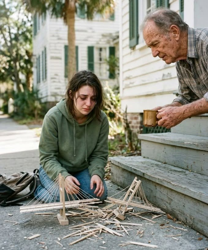 A 75-year-old widowed engineer watched an exhausted college student’s final architecture project shatter on his sidewalk. What he did next changed both of their lives.