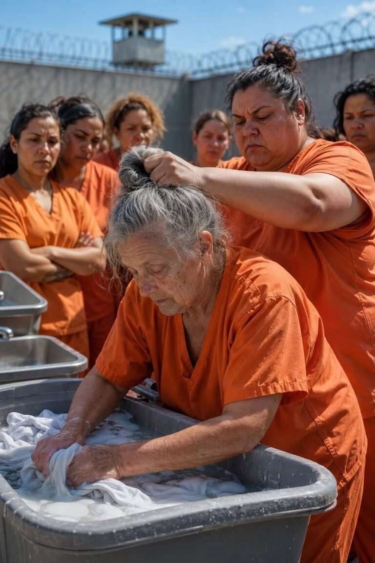An elderly inmate quietly washed her clothes in the prison yard