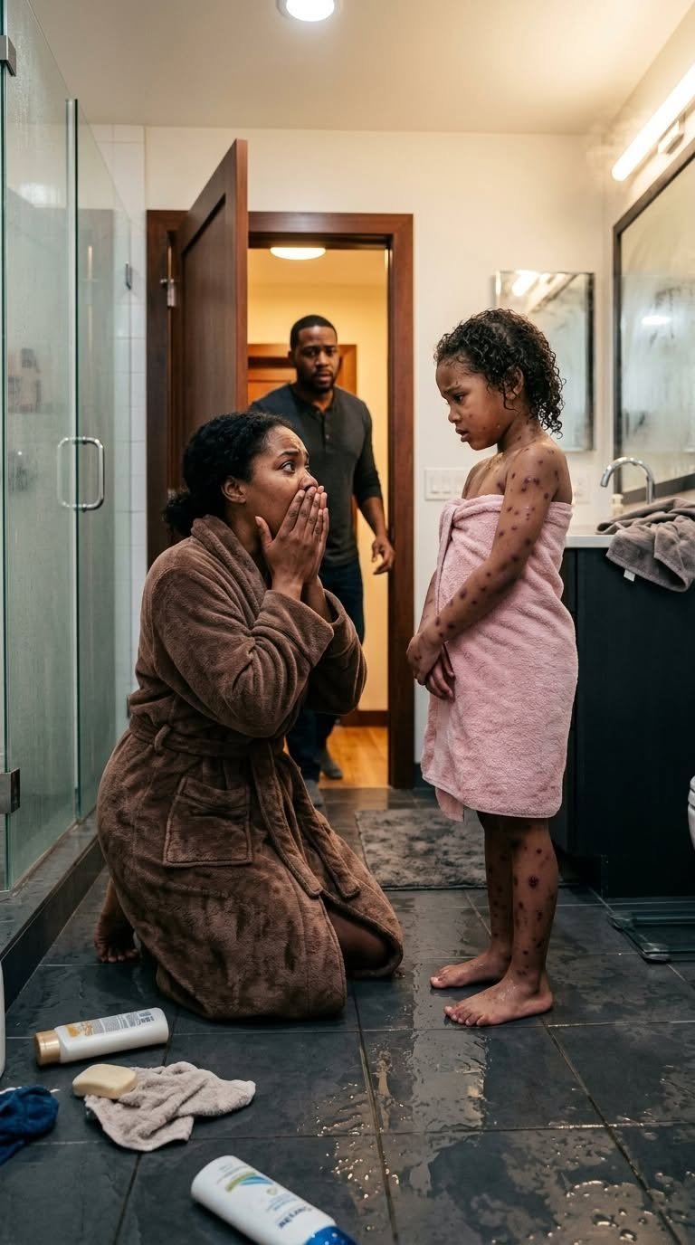 I adopted a 7-year-old orphan, expecting a daughter. But during her first bath, I saw something on her back that made me freeze. Dropping the sponge, I called the police, my voice trembling as I whispered, ‘Please come quickly… the child they gave me…’ Suddenly, she turned to me and…