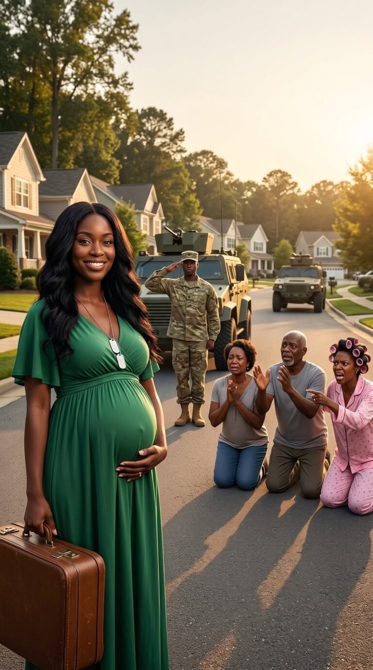 Hours after my husband’s funeral, Mom pointed at my 8-month pregnant belly. “Your sister’s rich husband is moving in. Go sleep in the 10-degree garage,” she spat. My Dad sneered: “Your crying ruins our vibe.” I smiled coldly and whispered, “Okay.” They thought I was a helpless widow. But the next morning—when armored military SUVs and Special Forces squad arrived to escort me away—my family went completely pale…