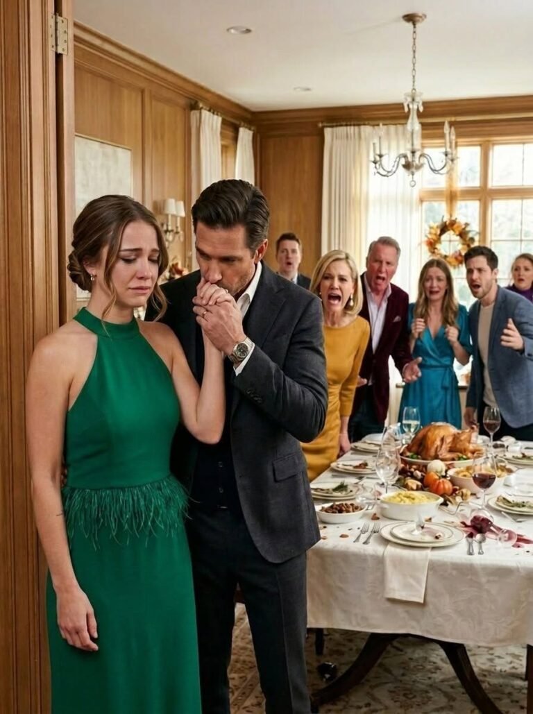My Father Invited the Whole Family to Thanksgiving, but My Mother Forced Me to Cook in the Kitchen While Everyone Else Celebrated. Two Hours Later, a Man in a Black Suit Walked In, Kissed My Hand, and Said, “Sorry, Darling, I Was Late.” Then My Family Froze in Disbelief, Because… My father, Richard Whitmore, invited our whole family to Thanksgiving dinner as if we were the kind of people who smiled warmly across a table and meant it. We were not. By five in the afternoon, the dining room in my parents’ house in Westchester, New York, was glowing with candles, crystal glasses, and the smell of roasted turkey. My older sister Vanessa arrived in a cream cashmere dress with her husband and two children. My brother Logan came in laughing loudly, already holding a bottle of expensive bourbon. My aunts, uncles, and cousins filled the house with noise. And I, Emma Whitmore, sat alone in the kitchen. My mother, Diane, had pointed to the apron hanging on the pantry door and said, “You know the kitchen better than anyone. Don’t embarrass us by sitting out there looking miserable. Cook, serve, and stay useful.” Useful. That was what I had been called since I was sixteen, when my father’s business nearly collapsed and my mother decided my college fund should save the family image. Vanessa became “the beautiful one.” Logan became “the future.” I became the daughter who worked two jobs, helped pay bills, and still got seated near the trash cans at family events. So I cooked. I basted the turkey. I stirred gravy. I carried plates into the dining room while my mother introduced Vanessa’s children as “the pride of the family.” No one asked why I was not sitting with them. No one asked if I had eaten. Two hours passed. I was washing a pan when the doorbell rang. The dining room went quiet. A moment later, heavy footsteps crossed the hallway. Then a man in a black suit appeared at the kitchen entrance. He was tall, with dark hair, calm eyes, and the kind of presence that made people lower their voices without knowing why. His coat was damp from the November rain. He looked past everyone else and came straight to me. Before I could speak, he took my wet, soap-covered hand gently in his, lifted it, and kissed my knuckles. “Sorry, darling,” he said, his voice low and steady. “I was late.” Every fork in the dining room froze. Vanessa stood first. Logan’s mouth opened. My mother’s face lost all color. Because the man standing in my parents’ kitchen was not just any man. He was Alexander Hayes, billionaire real estate investor, owner of the hotel chain where my father had been begging for a contract for the past six months. And he had just called me darling. My father slowly rose from his chair. “Emma,” he said, his voice shaking. “Do you… know Mr. Hayes?” Alexander looked at me, then at the apron around my waist. His expression hardened. “She’s my fiancée,” he said. “And I’d like to know why she’s serving dinner instead of eating it.” If you’re curious now, leave a  and keep reading 