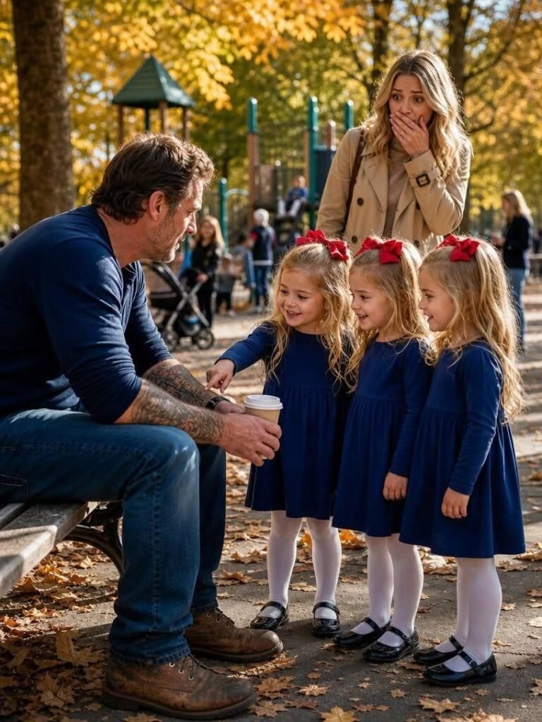 Three identical little girls walked straight up to a widowed father in the middle of the park and p1Three identical little girls walked straight up to a widowed father in the middle of the park and innocently said, “Our mom has the exact same tattoo as you.” The color drained from his face. The faded compass inked on his arm wasn’t just body art—it was the last reminder of a single reckless night he had spent trying to erase from his memory. In an instant, a chapter he believed was long buried came crashing back into his life. “My mommy has that tattoo too.”