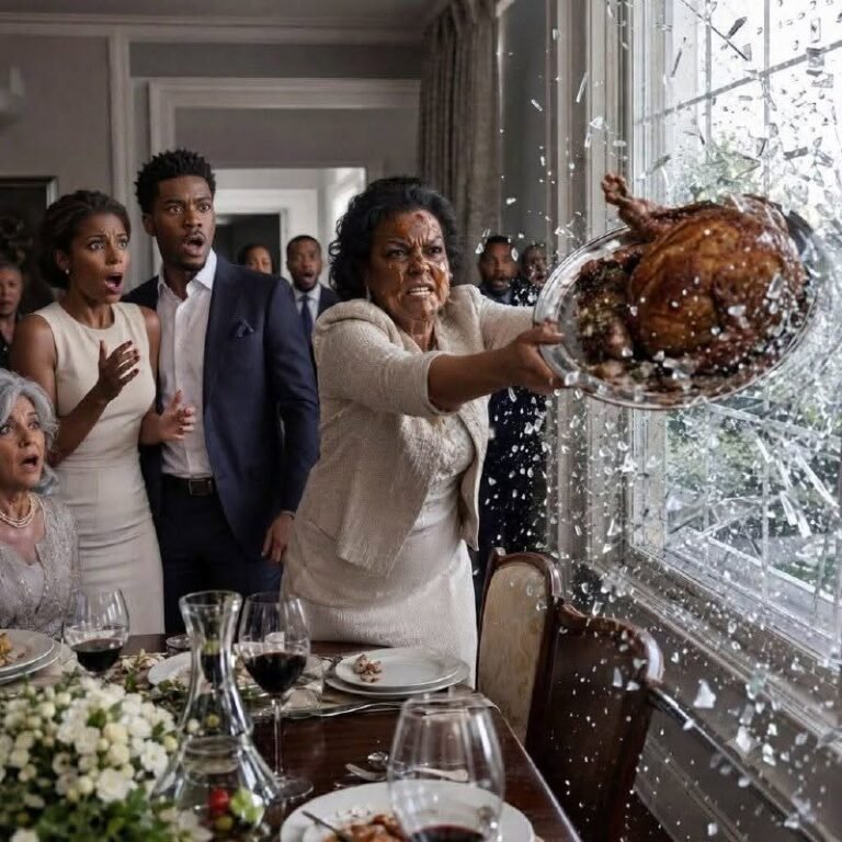 I spent six hours preparing a lavish dinner for my daughter-in-law’s wealthy parents. Before they arrived, she tasted the gravy and deliberately spat it right in my face. “It’s disgusting, just like you,” she hissed. My son just patted her shoulder to calm her down, ignoring me completely. I quietly wiped my face, picked up the entire roasted turkey platter, and threw it straight through the dining room’s glass window. The shattering crash made them both freeze in terror just as the doorbell rang… The turkey hit the window before my daughter-in-law finished smiling. Glass exploded across the patio, and for the first time in three years, Vanessa looked afraid of me. Six hours earlier, I had been standing in her designer kitchen, rolling pastry, polishing silver, and pretending not to notice that every cabinet in the house still carried the fingerprints of money I had earned. Vanessa had invited her wealthy parents to dinner because she wanted them to believe she and my son, Daniel, had built this life alone. She ordered me around like hired help. “More rosemary,” she said, scrolling through her phone. “My father hates bland food.” Daniel walked past without looking at me. “Mom, just do what she asks. Tonight matters.” It mattered because Vanessa’s father, Richard Vale, was considering investing ten million dollars in Daniel’s new property company. What neither of them knew was that the company already belonged to me. Years before, after my husband died, I sold our regional catering business for enough money to retire comfortably. Daniel begged me to help him start over after a failed restaurant venture. I funded the deposit on the house, purchased the office building, and created Hartwell Holdings, placing every major asset inside it. Daniel was listed as manager, never owner. I kept that distinction private because I wanted him to build confidence, not entitlement. Vanessa discovered my kindness and mistook it for weakness. For three years, she had corrected my clothes, mocked my recipes, and introduced me to guests as “Daniel’s charity project.” Whenever I objected, Daniel urged patience. He said Vanessa was under pressure, that marriage required compromise, that I should not provoke her. Each excuse cut deeper because I had once taught him that silence beside cruelty was another form of cruelty. When the gravy was ready, she dipped in a spoon, tasted it, then stared directly at me. Slowly, deliberately, she spat the mouthful into my face. “It’s disgusting,” she hissed, “just like you.” The room went silent. Gravy slid down my cheek and onto the blouse my late husband had bought me on our thirtieth anniversary. Daniel did not defend me. He merely touched Vanessa’s shoulder. “Babe, calm down. Your parents will be here any minute.” Not Mother, are you all right? Not Vanessa, apologize. Something inside me became perfectly still. I wiped my face with a linen napkin, lifted the roasted turkey with both hands, and hurled the entire silver platter through the dining room window. The crash shook the chandelier. Vanessa screamed. Daniel stumbled backward. Then the doorbell rang. I looked at them through the glittering remains of the window. (I know you’re curious about the next part, so please be patient and read on in the comments below. Thank you for your understanding of the inconvenience. please leave a ‘YES’ comment below and give us a “Like ” to get full story ) 👇 See less