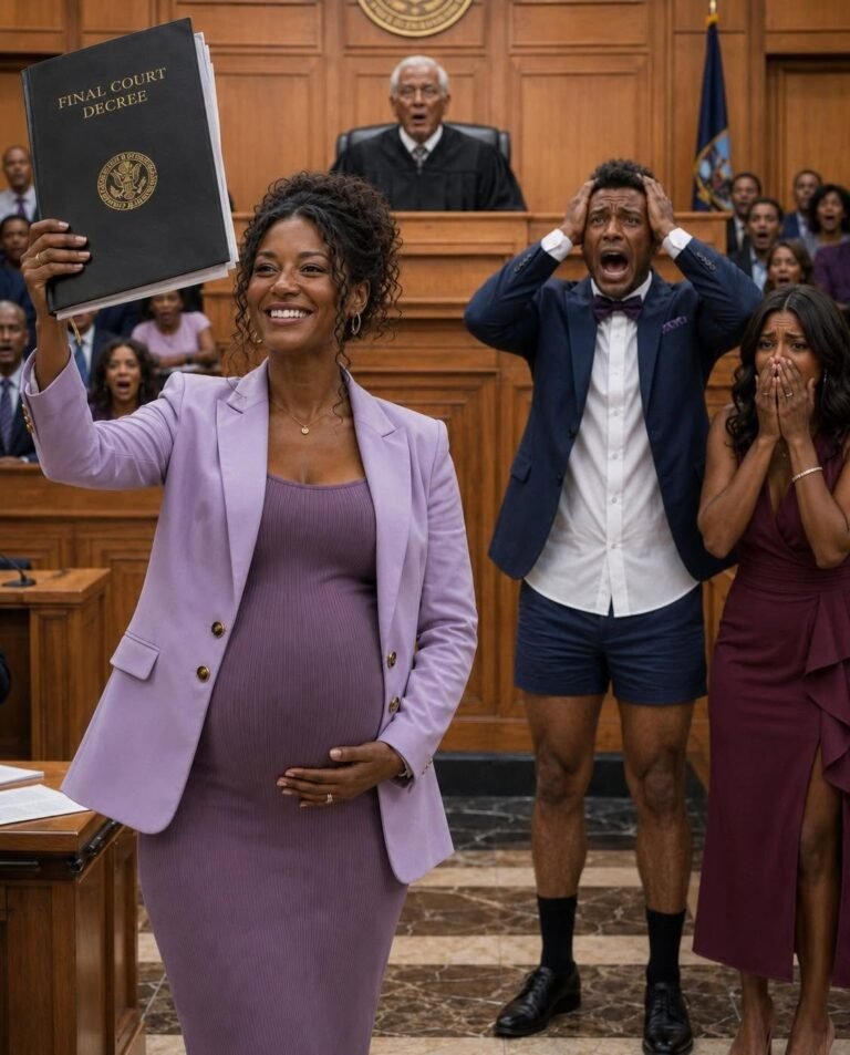 8 months pregnant, I sat alone in divorce court. My billionaire husband leaned in and whispered, “That truck that ran you off the road last month wasn’t an accident. Fight me for the house, and the next driver won’t miss.”