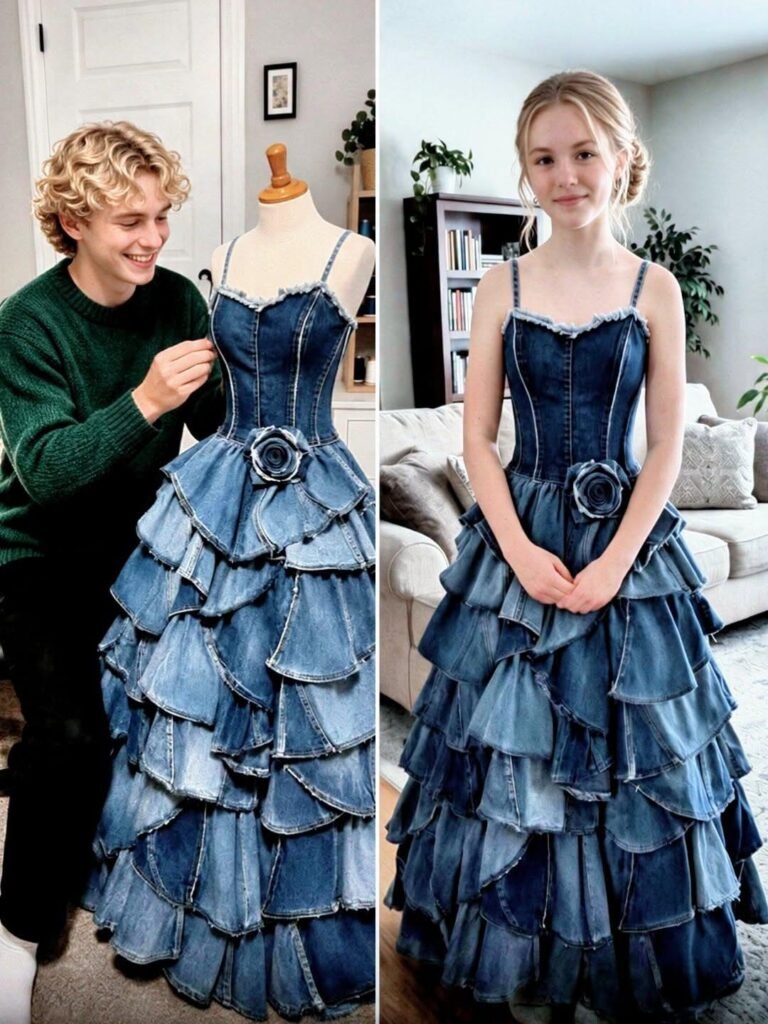 My Stepmom Mocked the Prom Dress My Younger Brother Sewed from Our Late Mom’s Jeans—But Karma Had Other Plans
