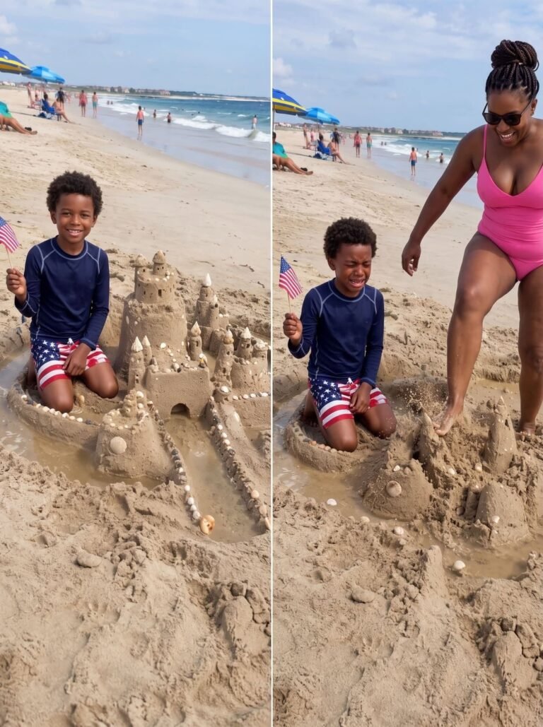 An entitled woman destroyed my son’s sandcastle because it “blocked her view”—twenty minutes later, a lifeguard walked straight toward her carrying a golden box.