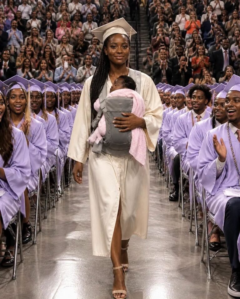 They started laughing the moment my daughter walked onto the graduation stage with a newborn in her arms. Someone sitting behind me even muttered, “Just like his mother…” But what she said next silenced the entire room.