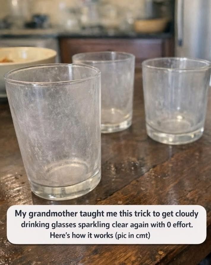 My grandmother taught me this trick to get cloudy drinking glasses sparkling clear again with 0 effort. Here’s how it works