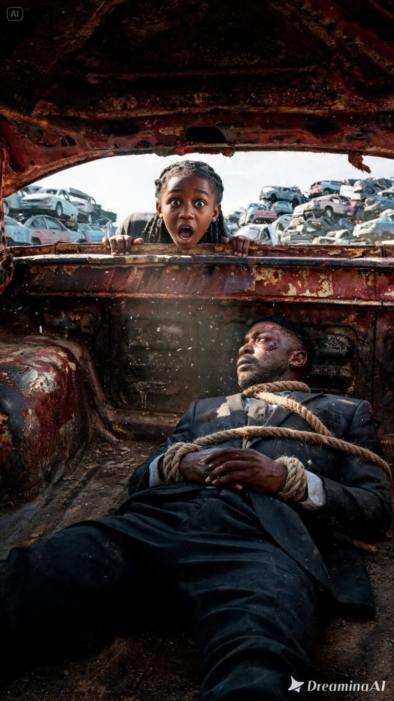 Scavenging in a junkyard, 8-year-old Lily pried open a rusted car trunk and gasped. A bruised man lay inside, gagged. As she freed him, his eyes locked onto her silver necklace. “Where did you get that?” he whispered. “My late mother,” she replied. He began to tremble, realizing who she was…